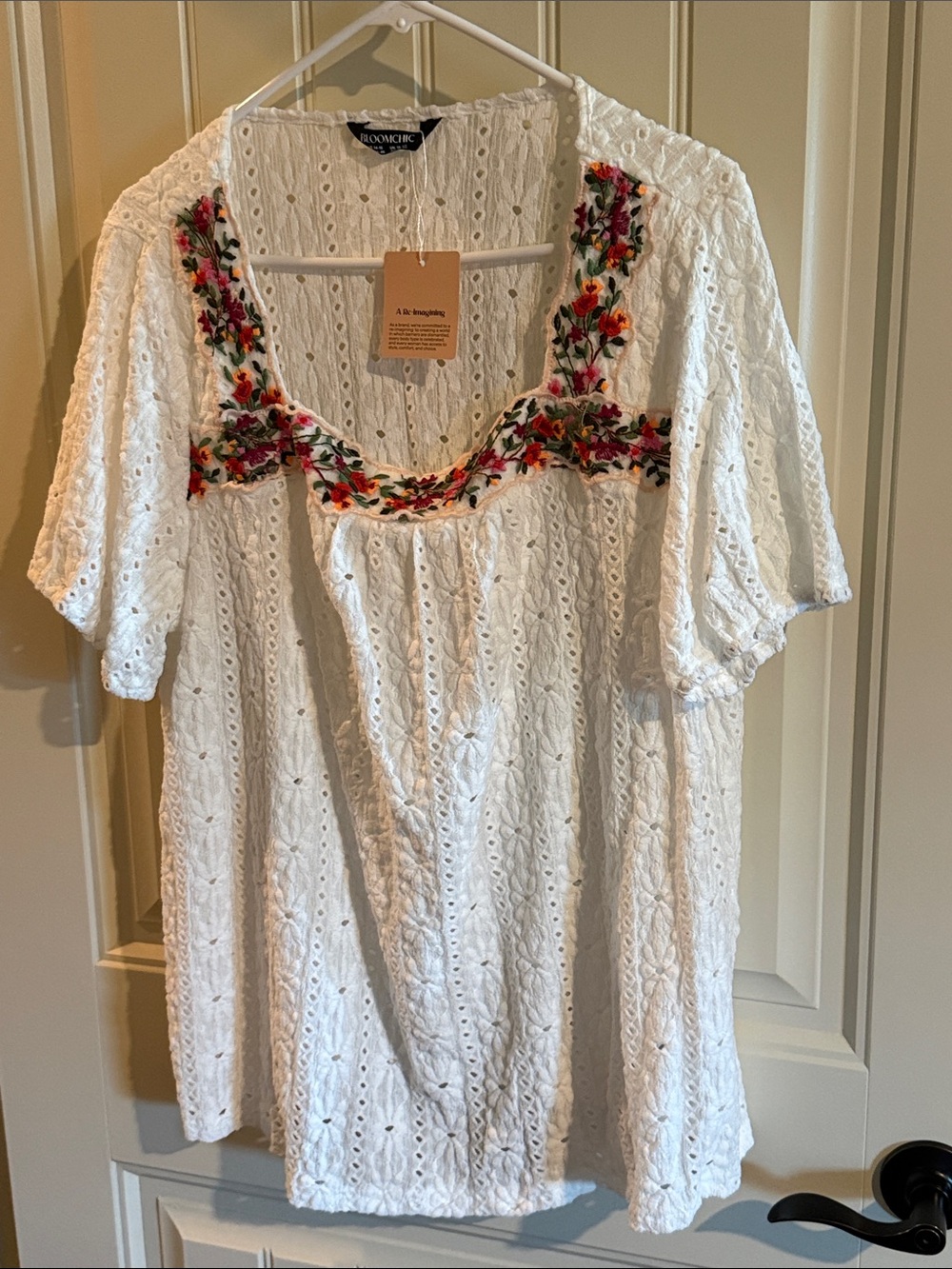 BloomChic White Eyelet Peasant Top with Multicolor Floral Embroidery